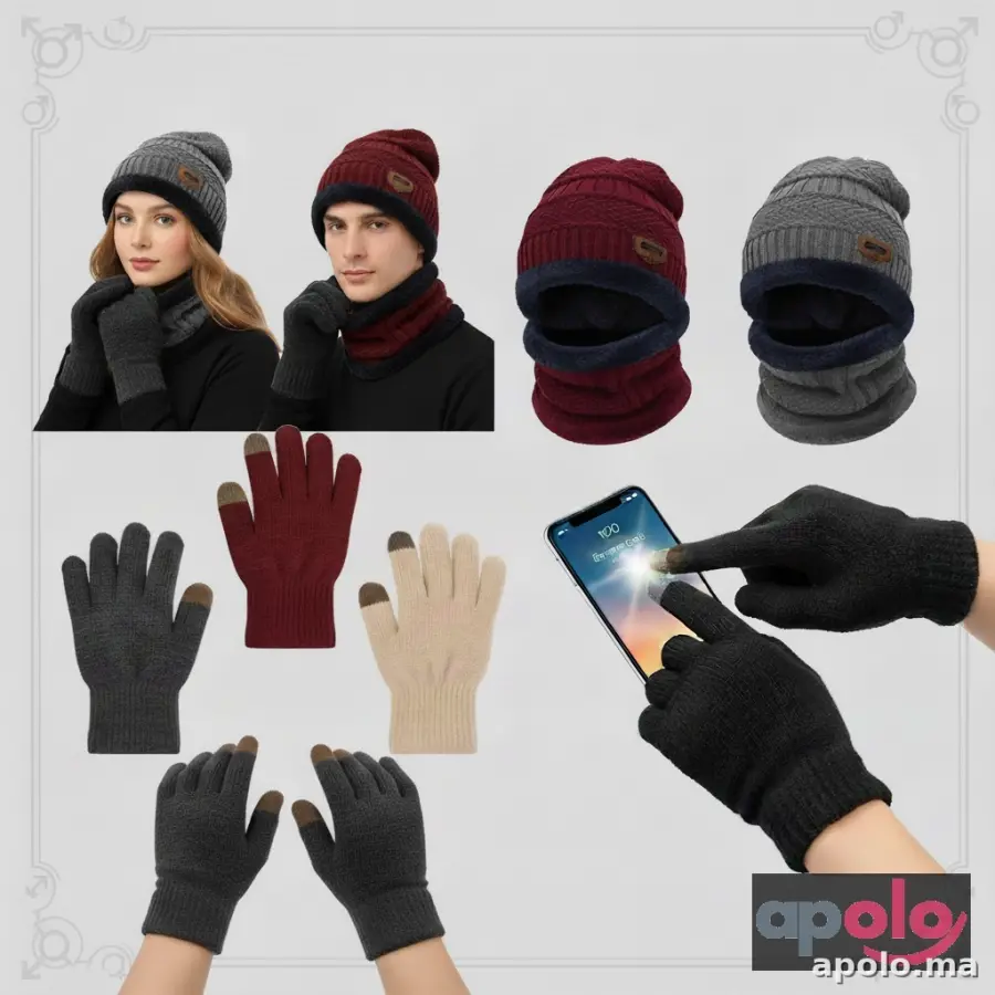 باك شتوي متكامل للرجال والنساء[ قفازات تاتش سكرين+قبعة صوفية+كاشكول]